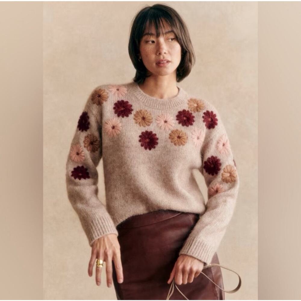 Sezane Floral Crew Neck Sweater - Beige and Burgundy
